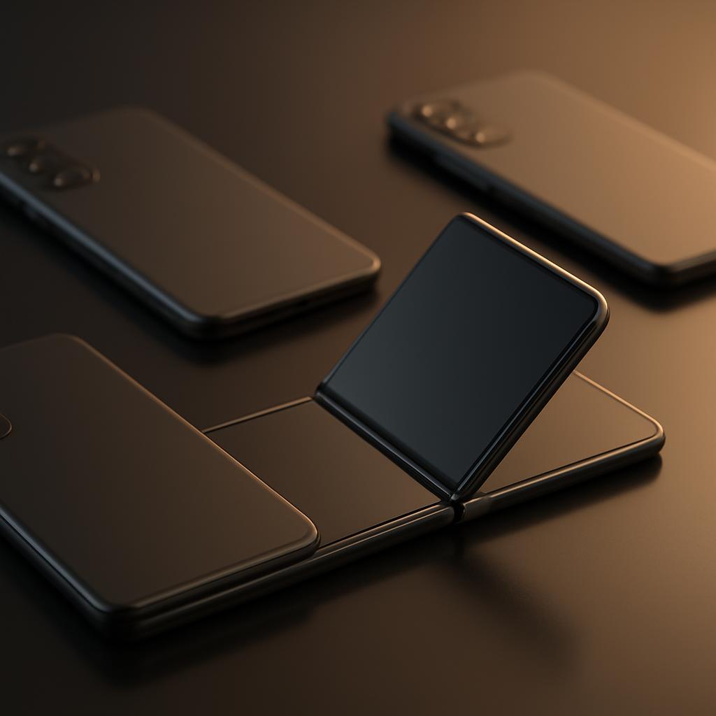 Several smartphones, one partially folded, arranged on a dark reflective surface under warm overhead lighting.