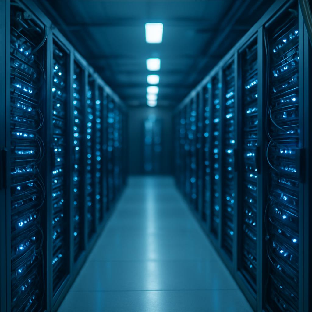 Rows of illuminated server racks with cooling cables line a data center aisle under soft blue ambient lighting.