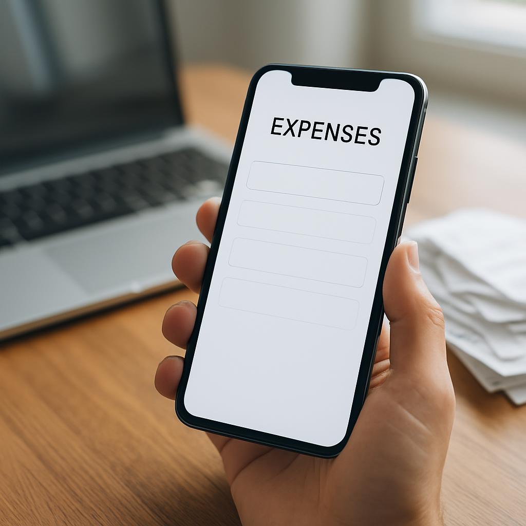 A hand holds a smartphone with a blank expense-tracking app, beside a laptop and paper receipts on a wooden desk.
