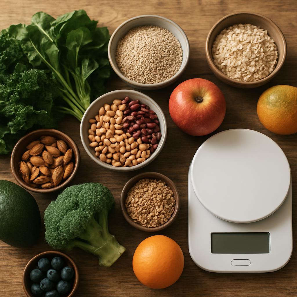 Overhead view of a wooden table with leafy greens, whole grains, legumes, fruit, nuts, and a kitchen scale.