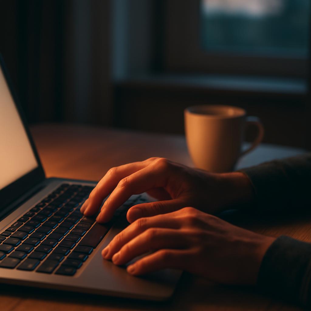 Close-up of hands typing on a laptop in a dim home office, with a notebook and coffee cup blurred in the background.