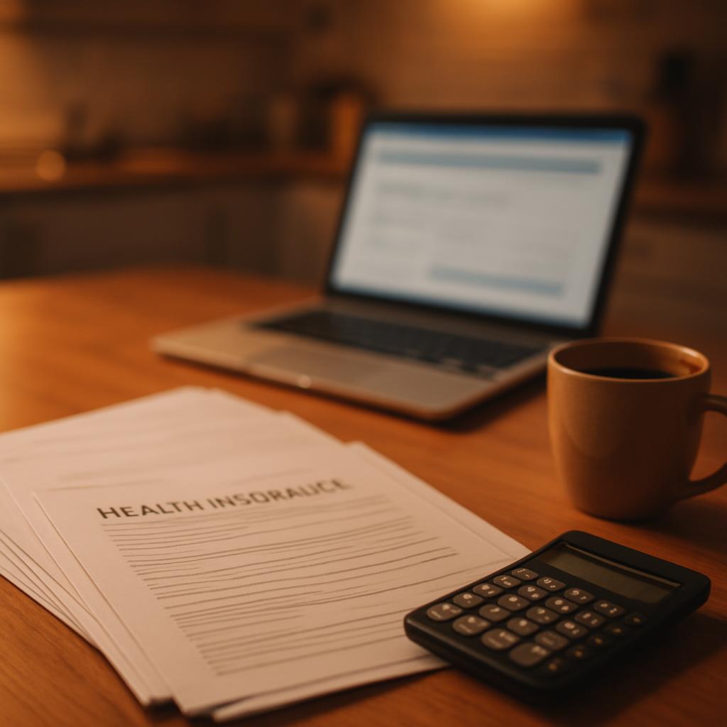 Kitchen table with a stack of insurance papers, laptop, calculator, and coffee cup lit by warm evening light.