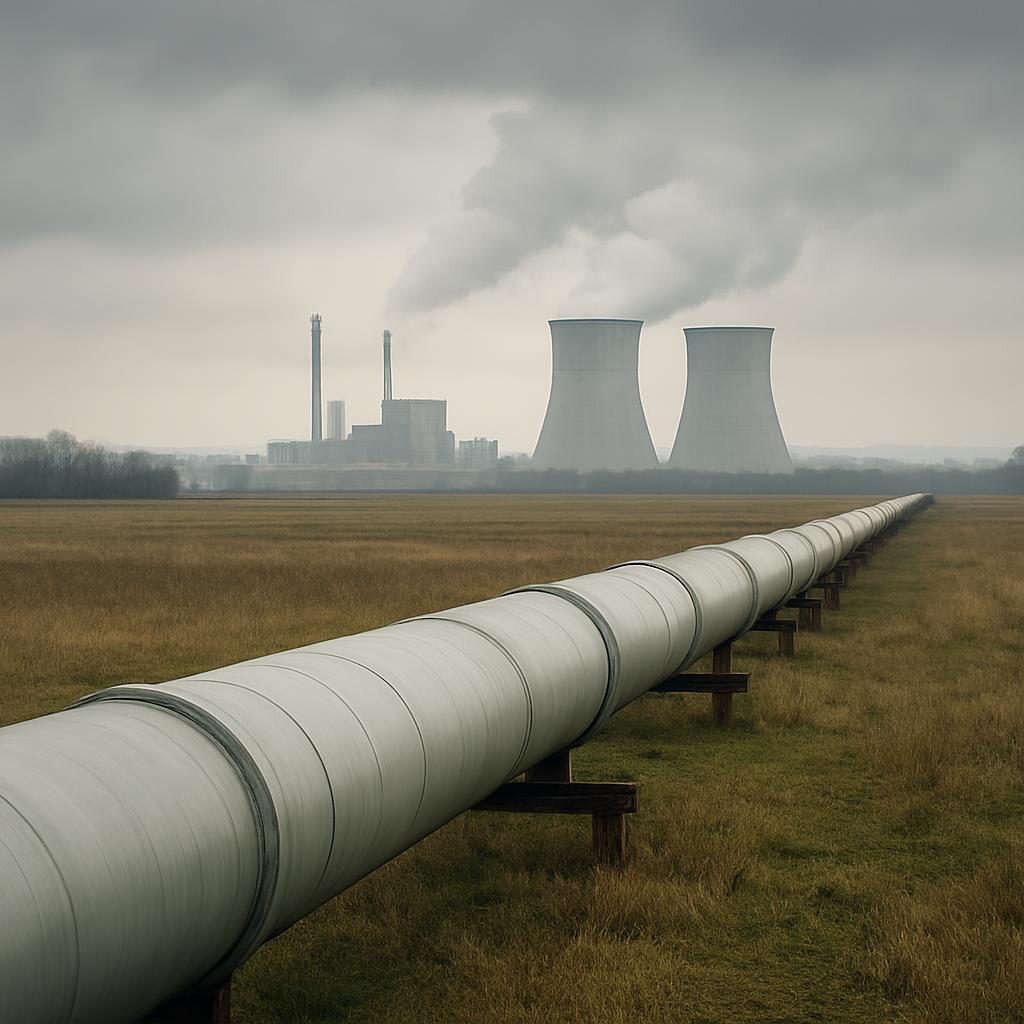 A natural gas pipeline stretches across open farmland toward a distant power plant with cooling towers under a cloudy sky.