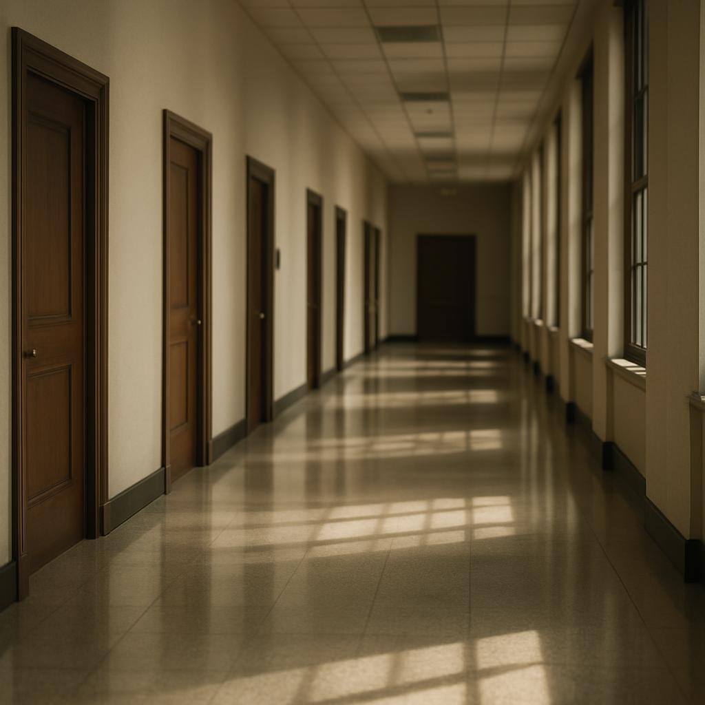 Empty federal office hallway with closed wooden doors and afternoon light reflecting off polished floors.