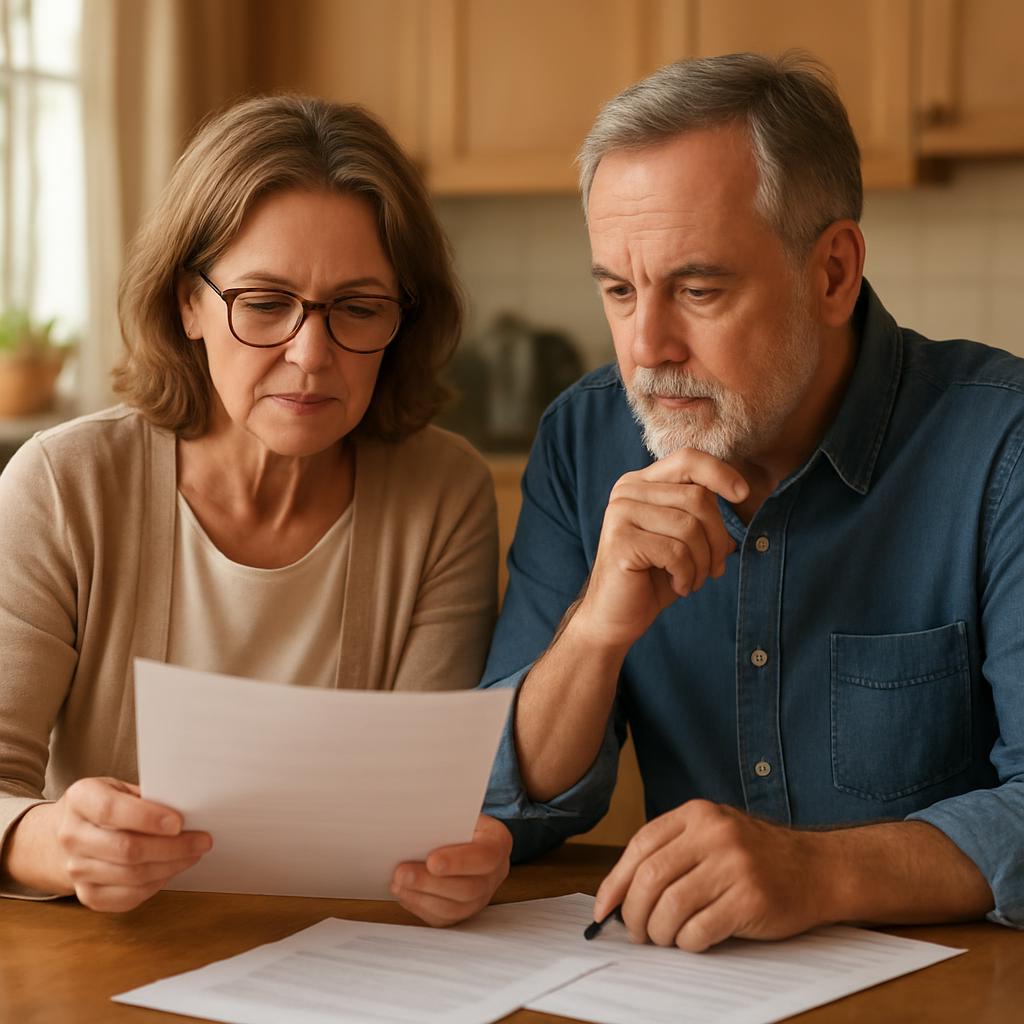 An older couple reviewing estate planning documents together at home